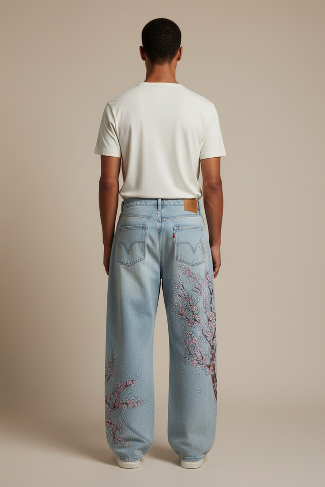 Pantalon Baggy Jean Bleu Délavé Brodé Cerisier Ample Homme - vue 2