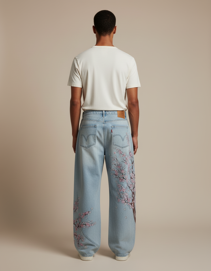 Pantalon Baggy Jean Bleu Délavé Brodé Cerisier Ample Homme - vue 2