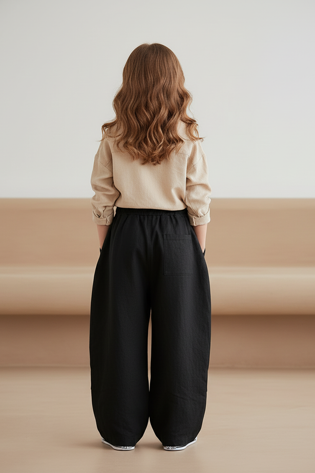 Pantalon Baggy Noir Ample Lin Fille Décontracté - vue 2