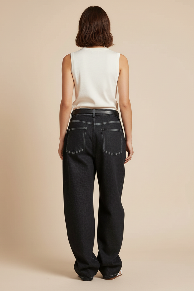 Pantalon Baggy Noir Denim Large Surpiqûres Blanches - Jean - vue 2