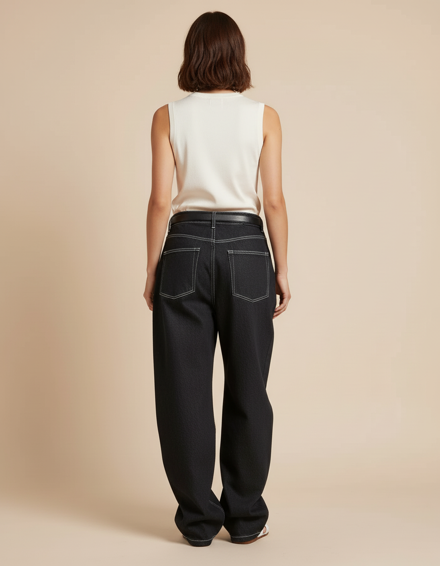 Pantalon Baggy Noir Denim Large Surpiqûres Blanches - Jean - vue 2