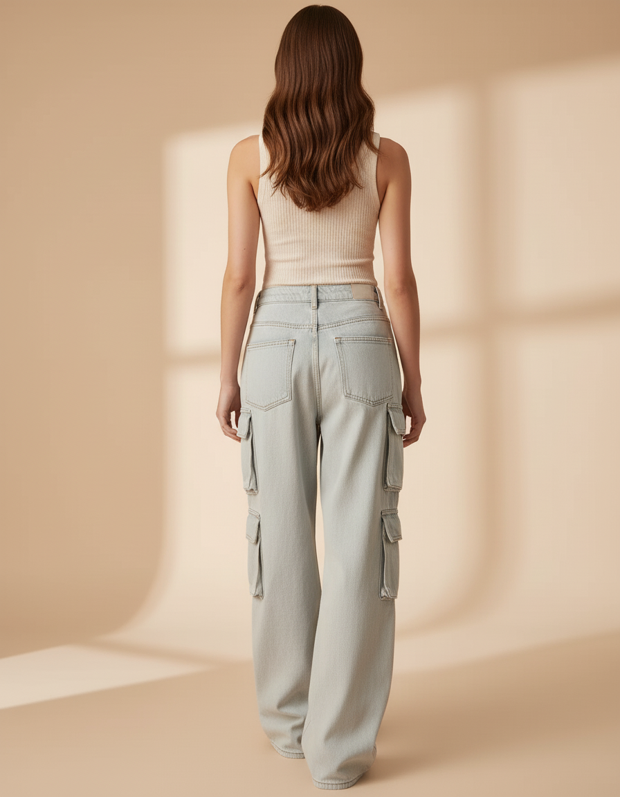 Pantalon Baggy Bleu Clair Cargo Ample Femme - Jean - vue 2