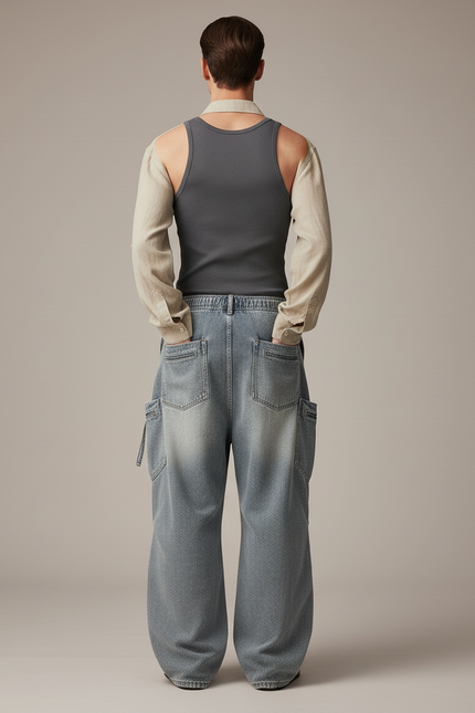 Pantalon Baggy Jean Délavé Ample Cargo Unisexe - Bleu - vue 2