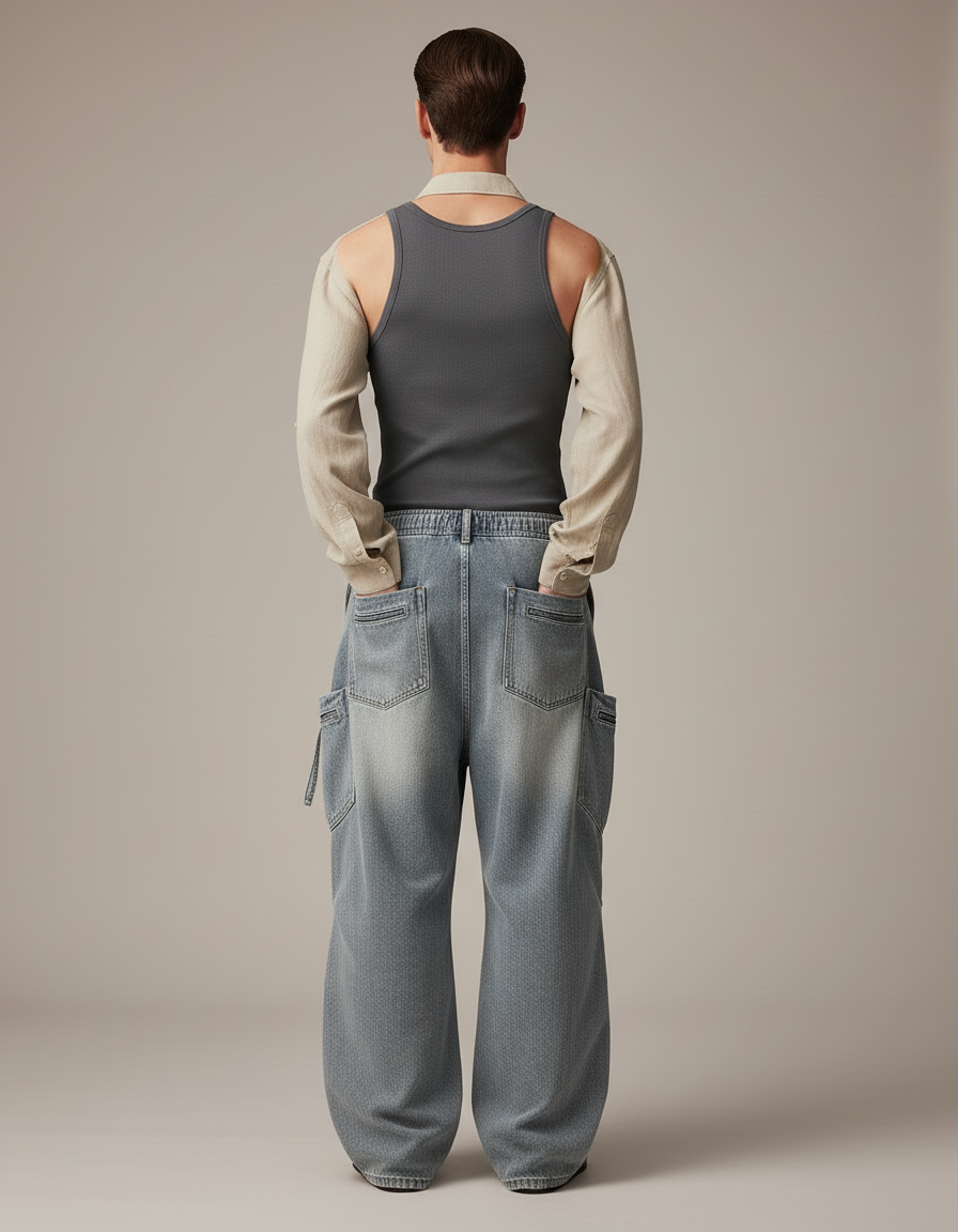 Pantalon Baggy Jean Délavé Ample Cargo Unisexe - Bleu - vue 2