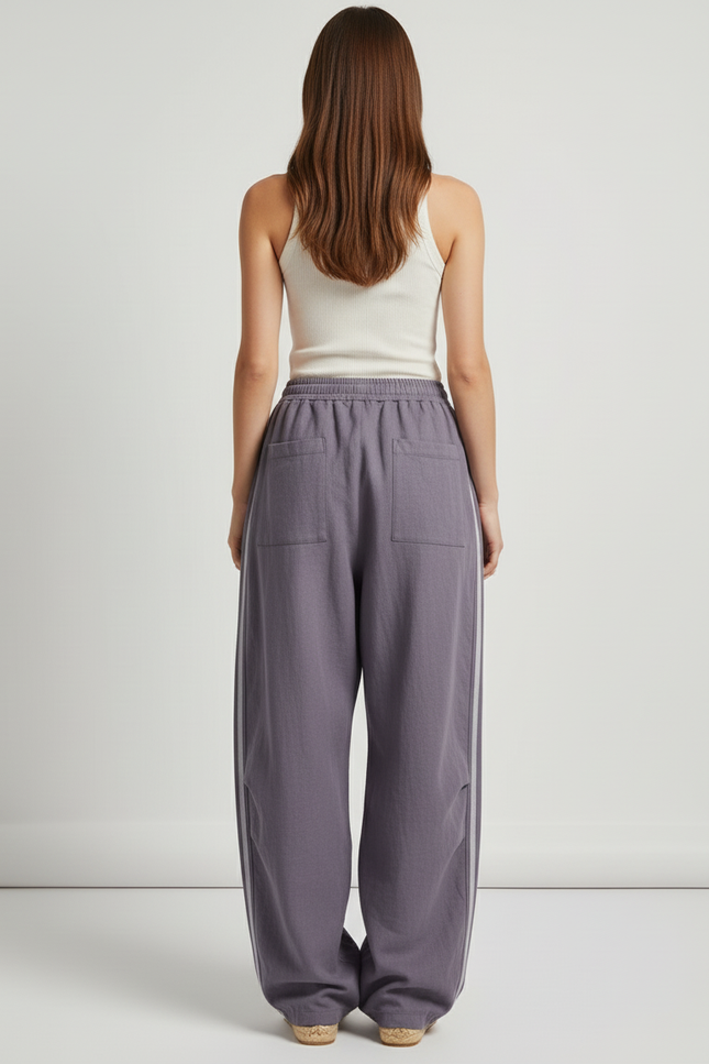 Pantalon Baggy Gris Rayures Ample Décontracté Cordon - Lin - vue 2