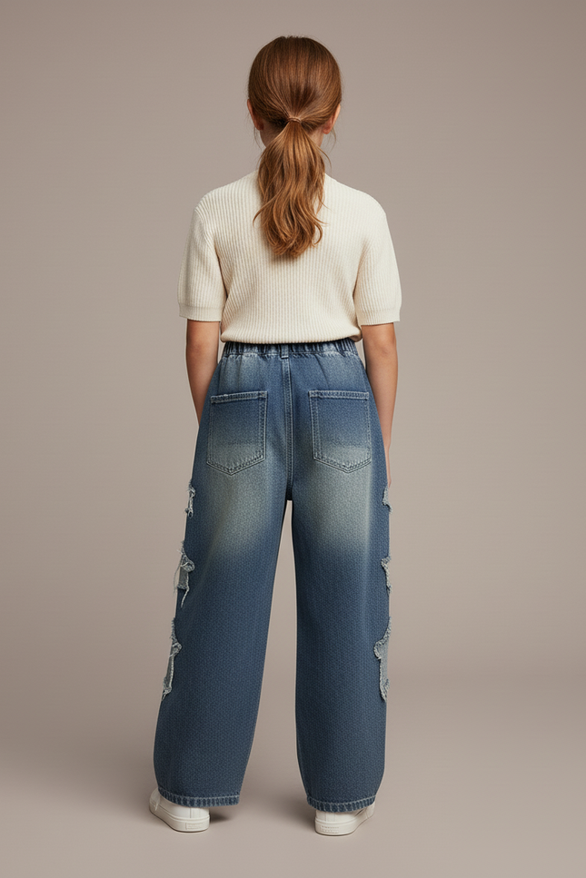 Pantalon Baggy Bleu Délavé Ample Étoiles Fille - Jean - vue 2