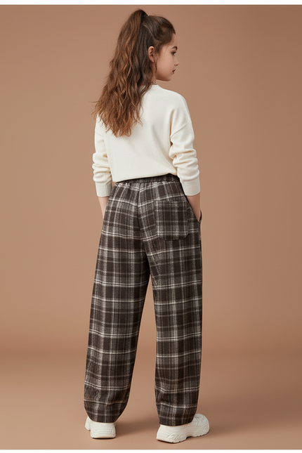 Pantalon Baggy Plaid Marron Coton Ample Fille - Tweed - vue 2