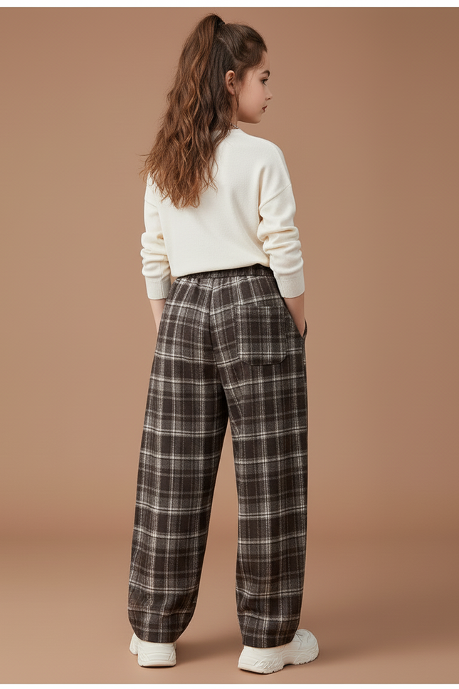 Pantalon Baggy Plaid Marron Coton Ample Fille - Tweed - vue 2
