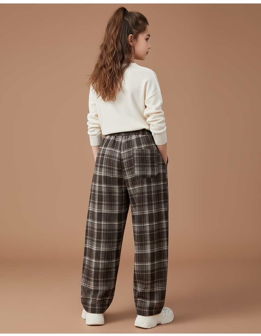 Pantalon Baggy Plaid Marron Coton Ample Fille - Tweed - vue 2