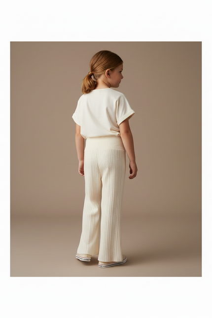 Pantalon Baggy Crème Tricoté Ample Côtelé Confortable Fille - Beige Maille - vue 2