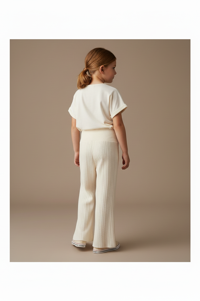 Pantalon Baggy Crème Tricoté Ample Côtelé Confortable Fille - Beige Maille - vue 2