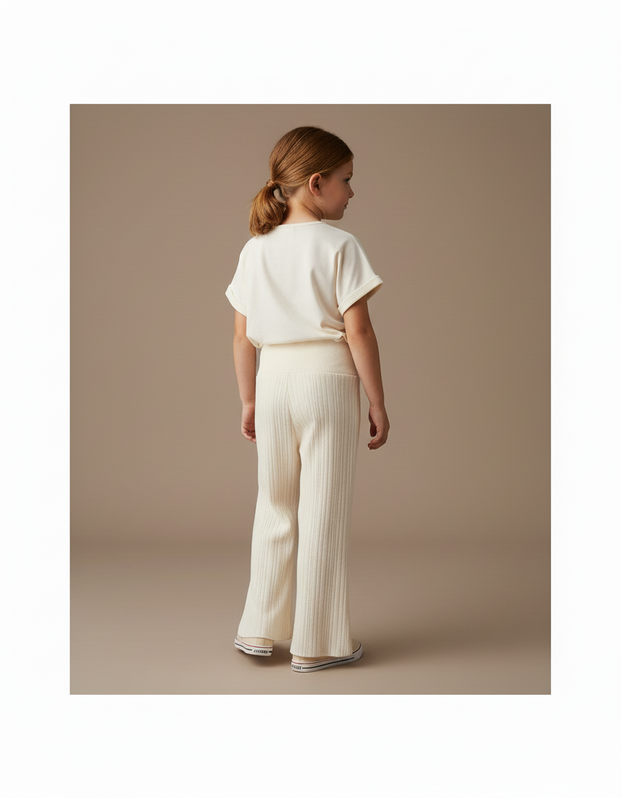 Pantalon Baggy Crème Tricoté Ample Côtelé Confortable Fille - Beige Maille - vue 2