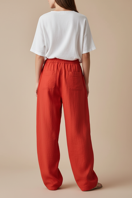 Pantalon Baggy Rouge Lin Fluide Ample Cordon - vue 2