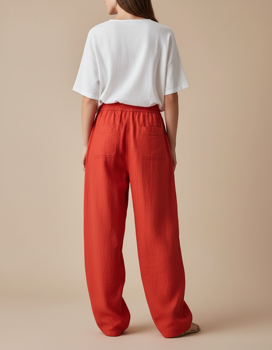 Pantalon Baggy Rouge Lin Fluide Ample Cordon - vue 2