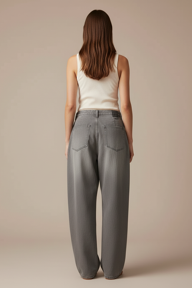 Pantalon Baggy Gris Délavé Ample Plissé Taille Haute - Jean - vue 2