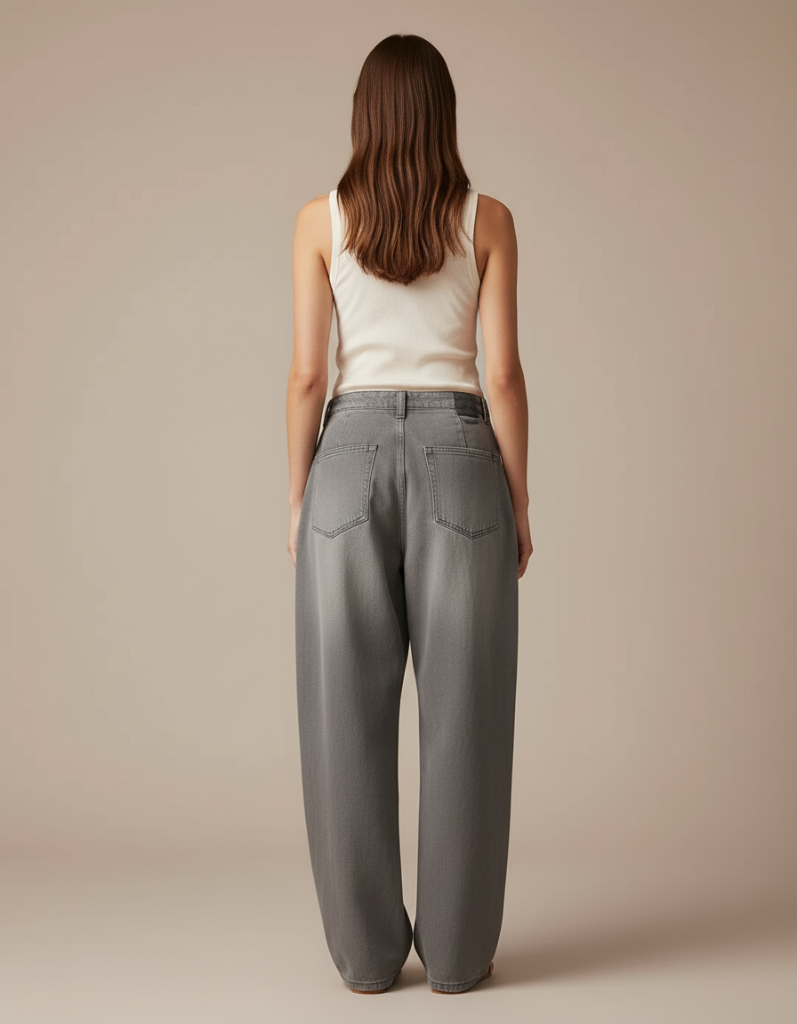 Pantalon Baggy Gris Délavé Ample Plissé Taille Haute - Jean - vue 2