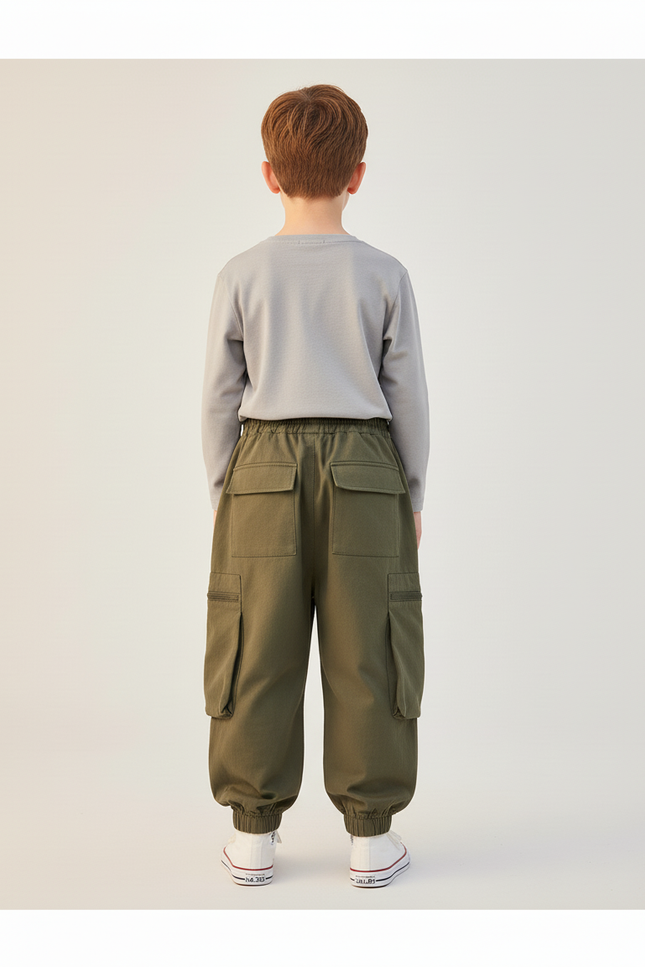 Pantalon Baggy Vert Kaki Cargo Ample Garçon Décontracté - Toile - vue 2