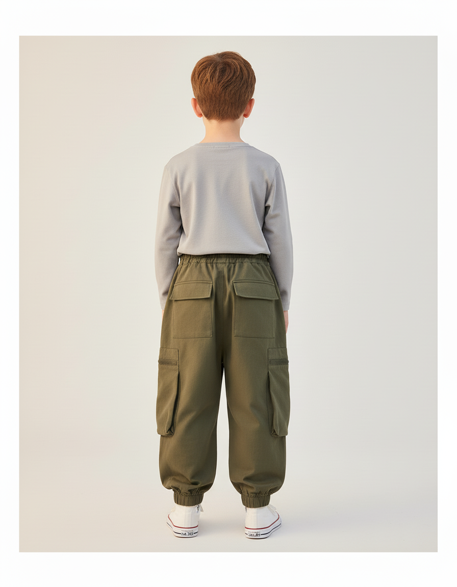 Pantalon Baggy Vert Kaki Cargo Ample Garçon Décontracté - Toile - vue 2