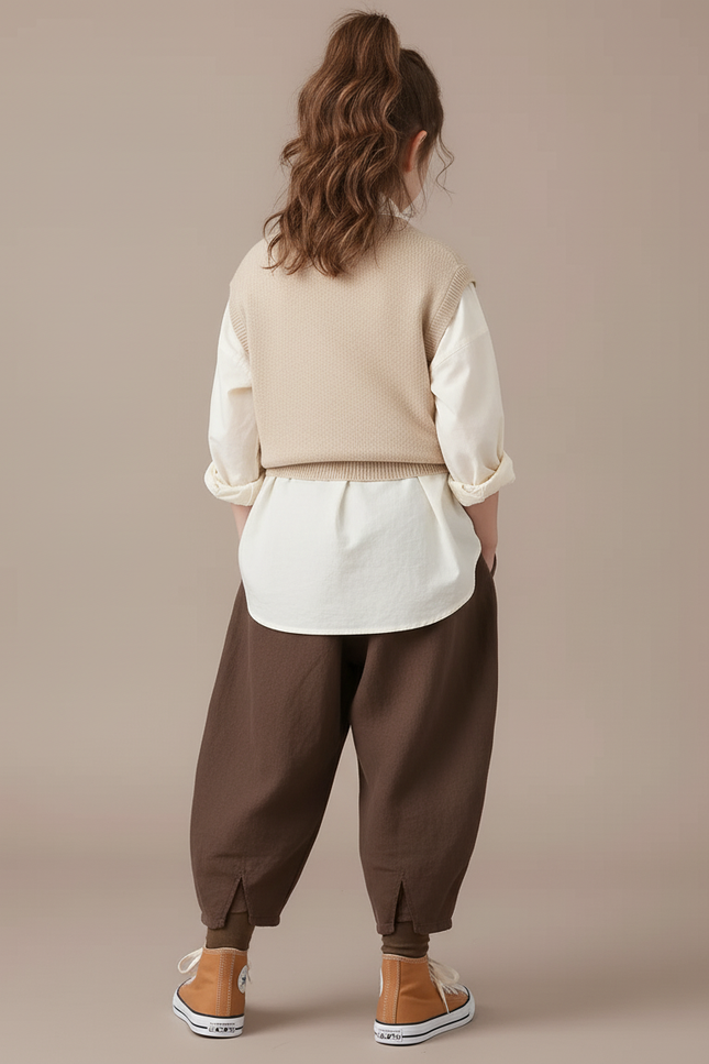 Pantalon Baggy Marron Ample Lin Coton Enfant - vue 2
