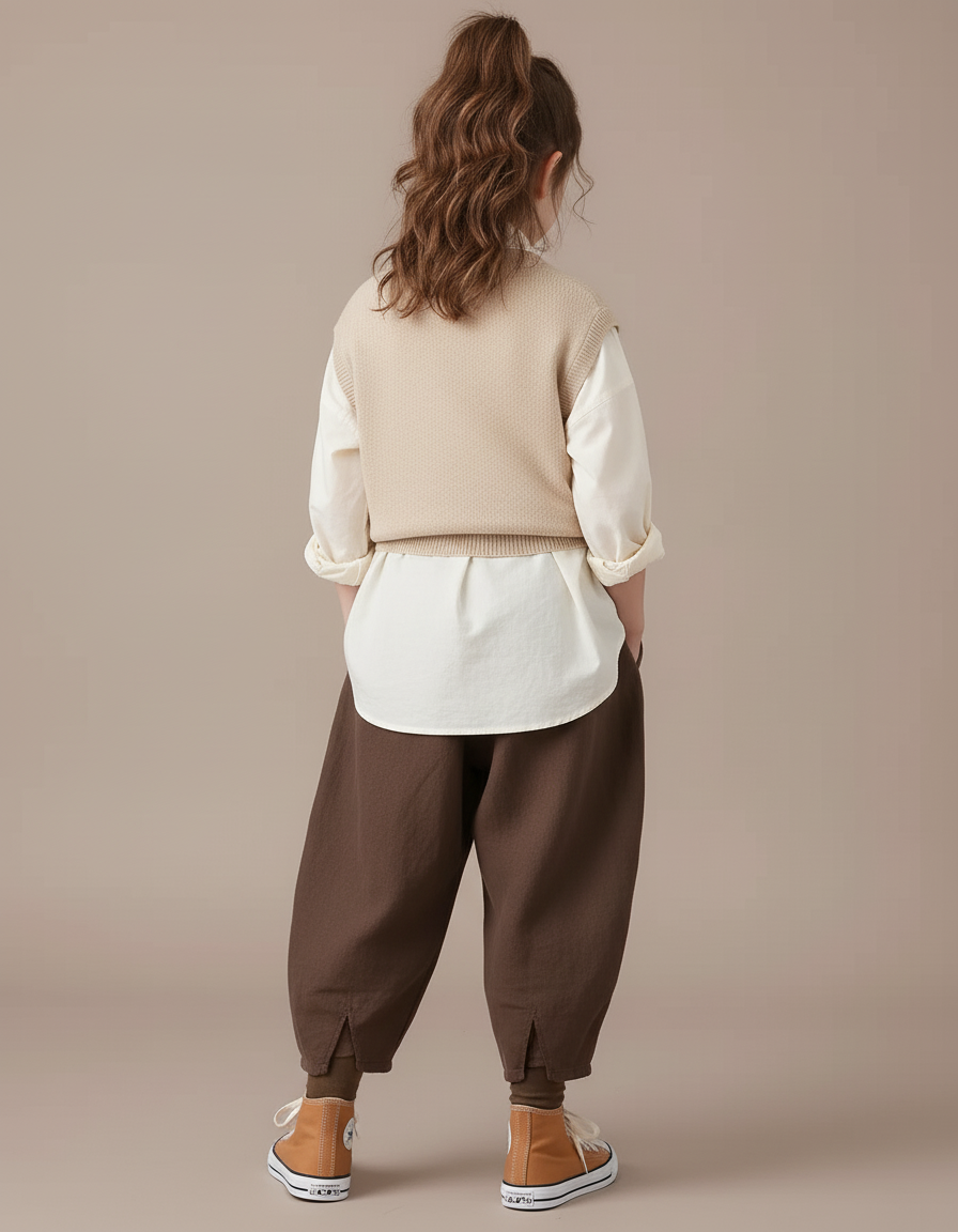 Pantalon Baggy Marron Ample Lin Coton Enfant - vue 2