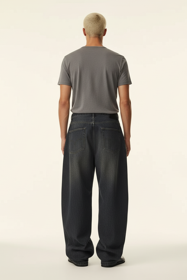Pantalon Baggy Jean Délavé Ample Unisexe Streetwear - Gris - vue 2