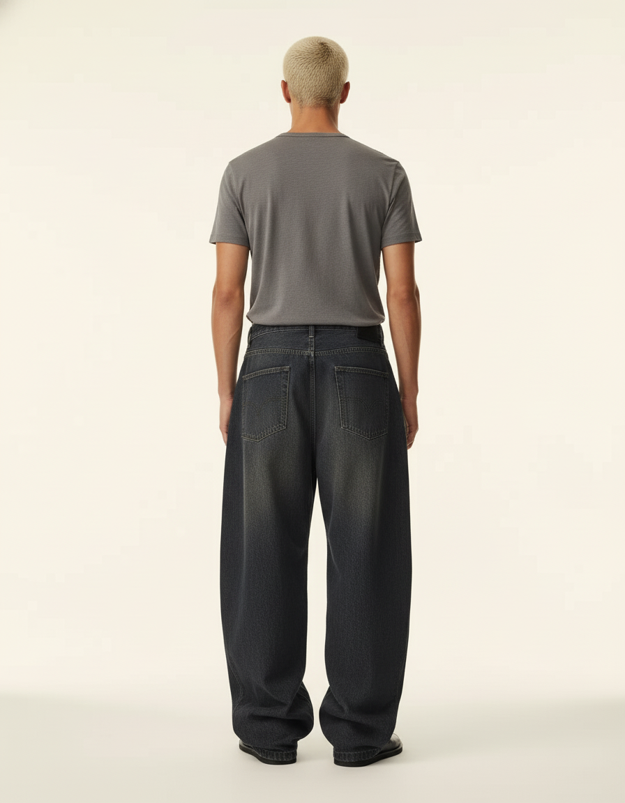 Pantalon Baggy Jean Délavé Ample Unisexe Streetwear - Gris - vue 2