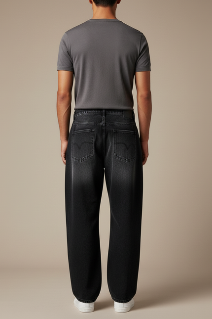 Pantalon Baggy Noir Délavé Droit Déchiré Strass Homme - Jean - vue 2