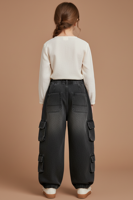 Pantalon Baggy Gris Denim Ample Multi-Poches Décontracté - Jean - vue 2