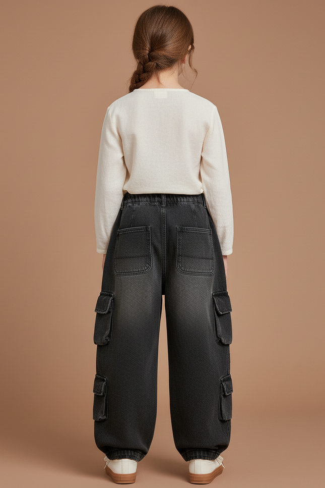 Pantalon Baggy Gris Denim Ample Multi-Poches Décontracté - Jean - vue 2
