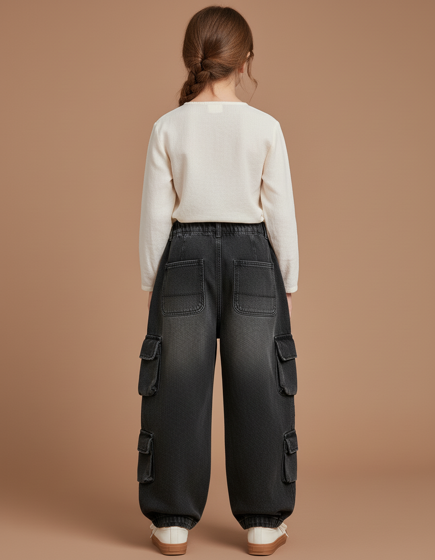 Pantalon Baggy Gris Denim Ample Multi-Poches Décontracté - Jean - vue 2