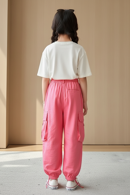 Pantalon Baggy Rose Cargo Ample Enfants Cordon - Lin - vue 2