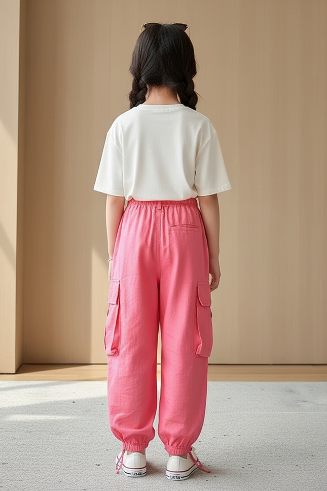 Pantalon Baggy Rose Cargo Ample Enfants Cordon - Lin - vue 2