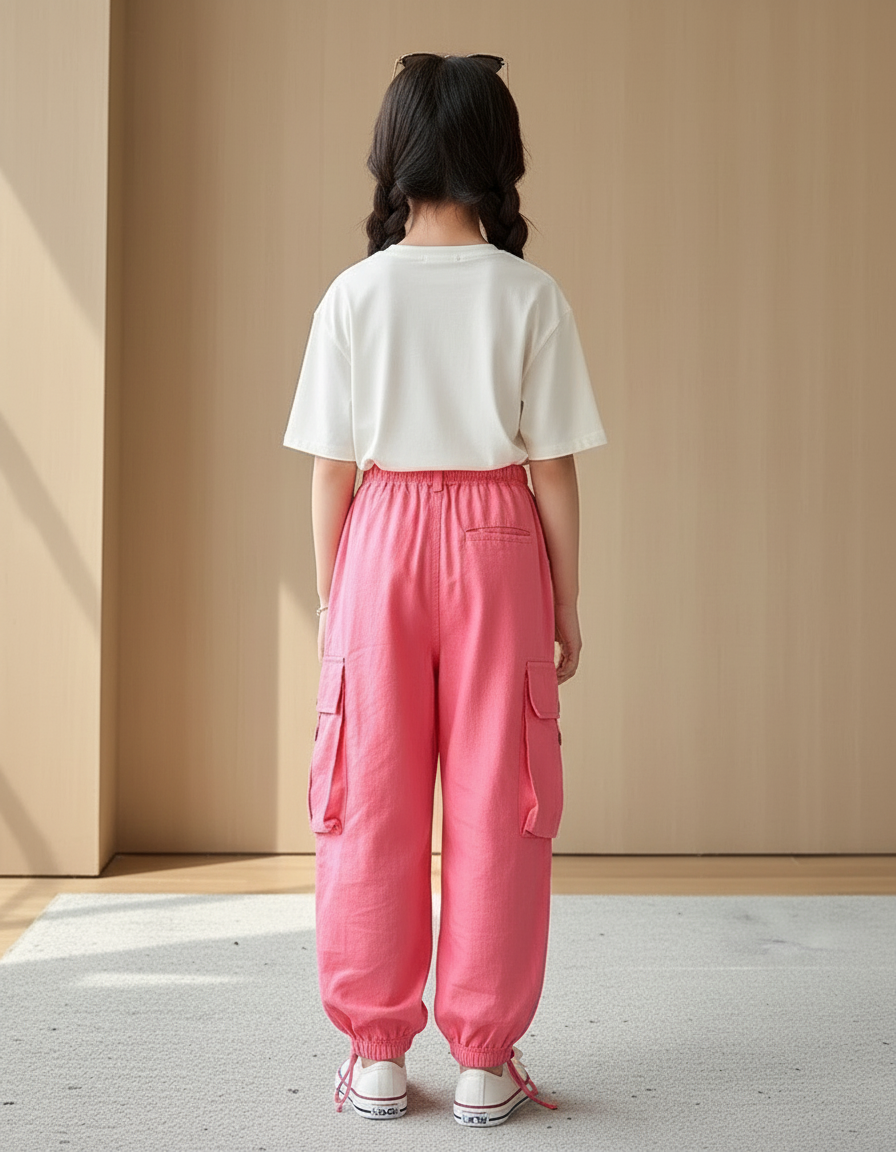Pantalon Baggy Rose Cargo Ample Enfants Cordon - Lin - vue 2
