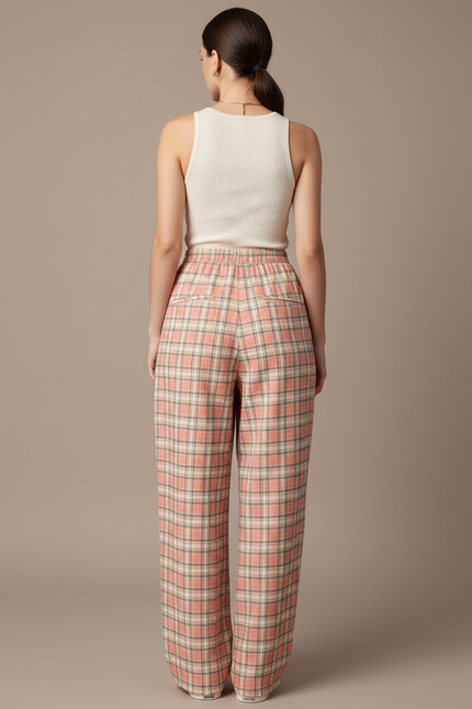 Pantalon Baggy Écossais Rose Ample Décontracté Fluide - Viscose - vue 2