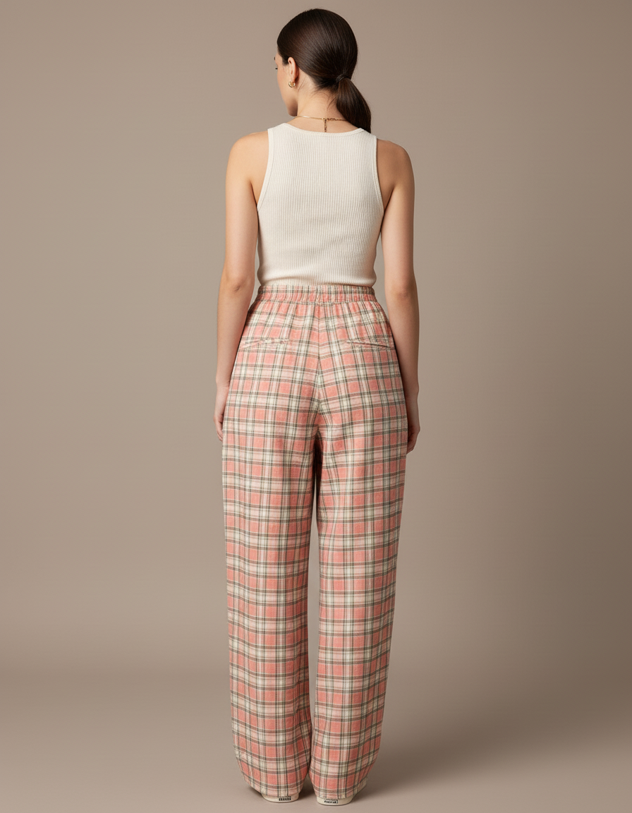 Pantalon Baggy Écossais Rose Ample Décontracté Fluide - Viscose - vue 2