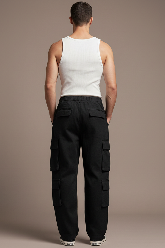 Pantalon Baggy Noir Cargo Ample Coton Homme - vue 2