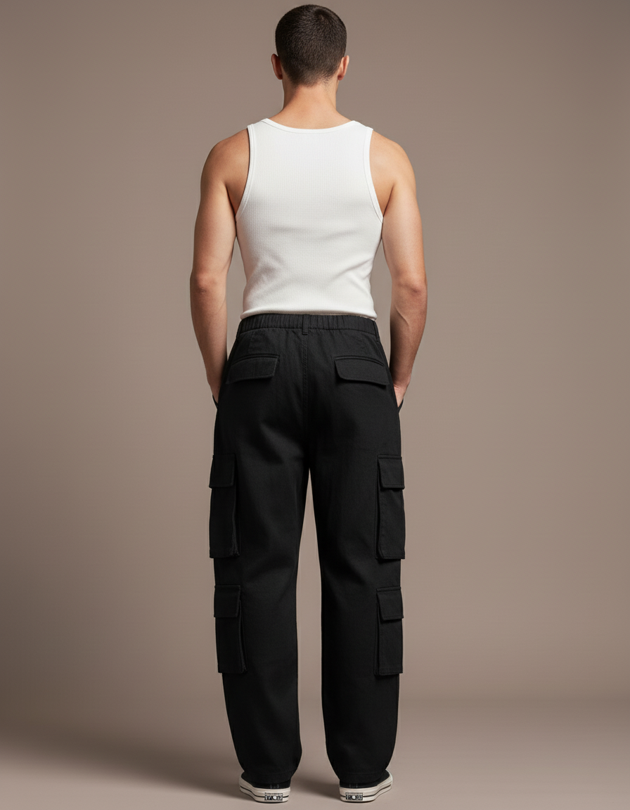 Pantalon Baggy Noir Cargo Ample Coton Homme - vue 2
