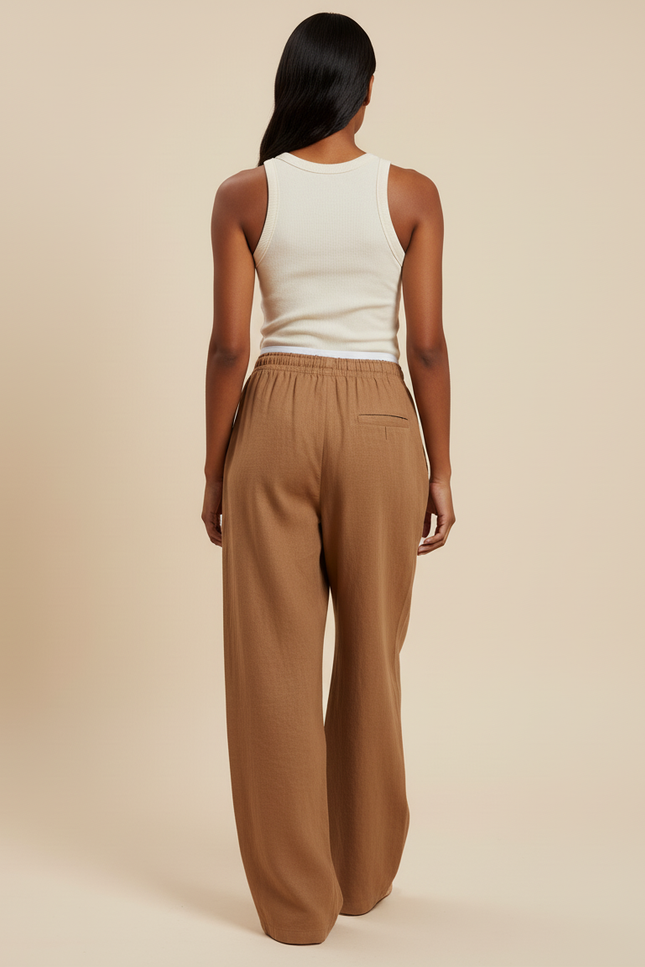 Pantalon Baggy Marron Ample Lin Décontracté Fluide - vue 2