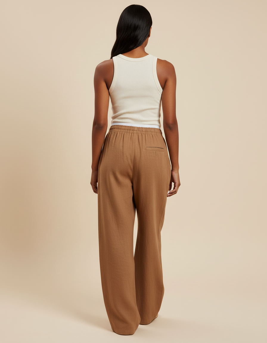 Pantalon Baggy Marron Ample Lin Décontracté Fluide - vue 2