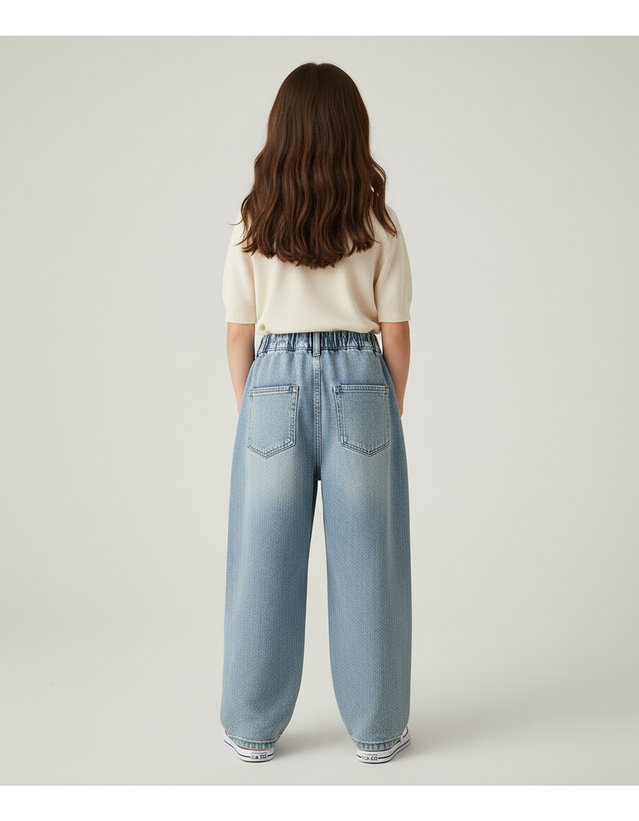 Pantalon Baggy Fille Bleu Taille Élastique Denim - Jean - vue 2