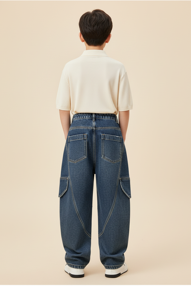 Pantalon Baggy Garçon Bleu Cargo Denim Hip Hop - Jean - vue 2