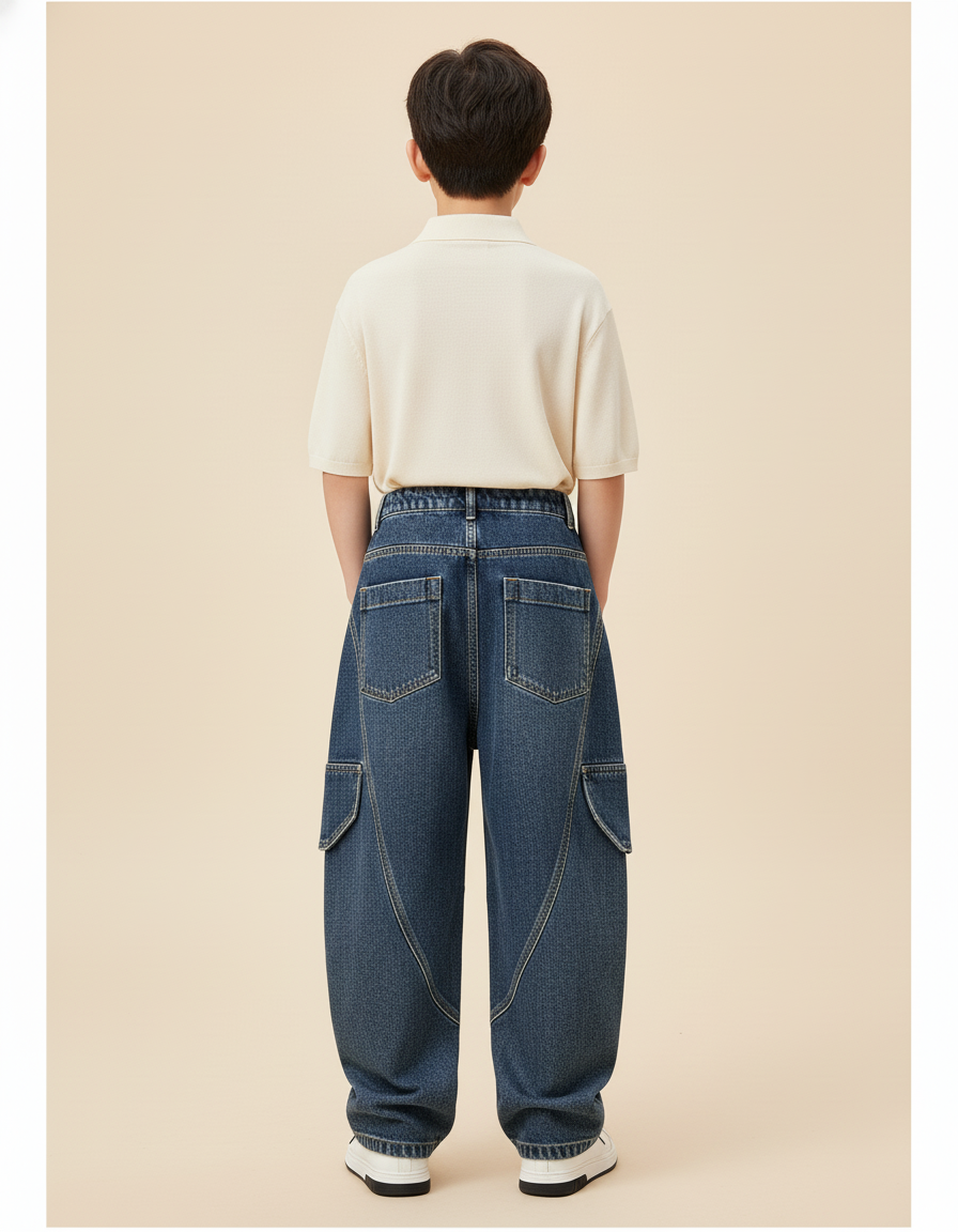 Pantalon Baggy Garçon Bleu Cargo Denim Hip Hop - Jean - vue 2