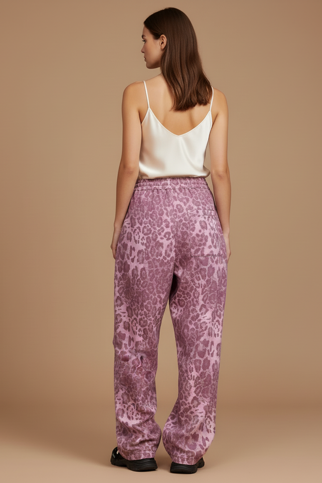 Pantalon Baggy Rose Léopard Ample Fluide Cordon Y2K - Molleton - vue 2