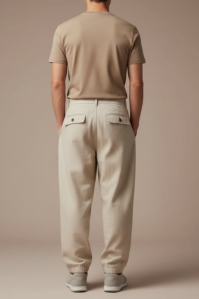 Pantalon Baggy Beige Plissé Ample Chevilles Élastiques Homme - Toile - vue 2