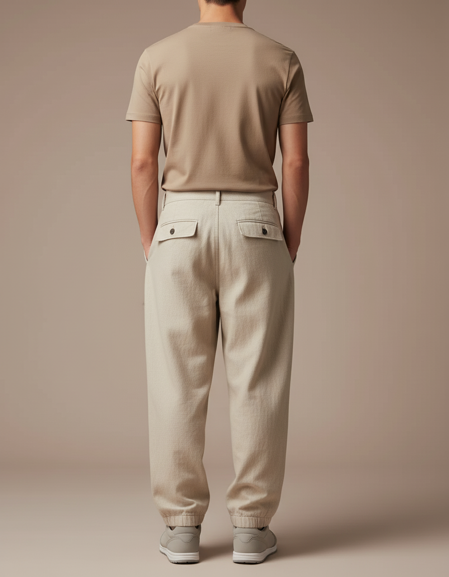 Pantalon Baggy Beige Plissé Ample Chevilles Élastiques Homme - Toile - vue 2