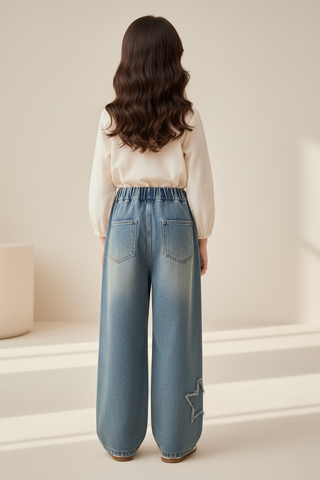 Pantalon Baggy Jean Étoiles Ample Enfant Denim - Bleu - vue 2