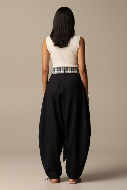 Pantalon Baggy Noir Ample Fluide Plaid Femme - Viscose - vue 2