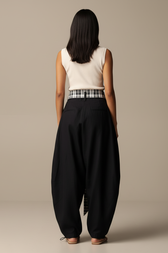 Pantalon Baggy Noir Ample Fluide Plaid Femme - Viscose - vue 2