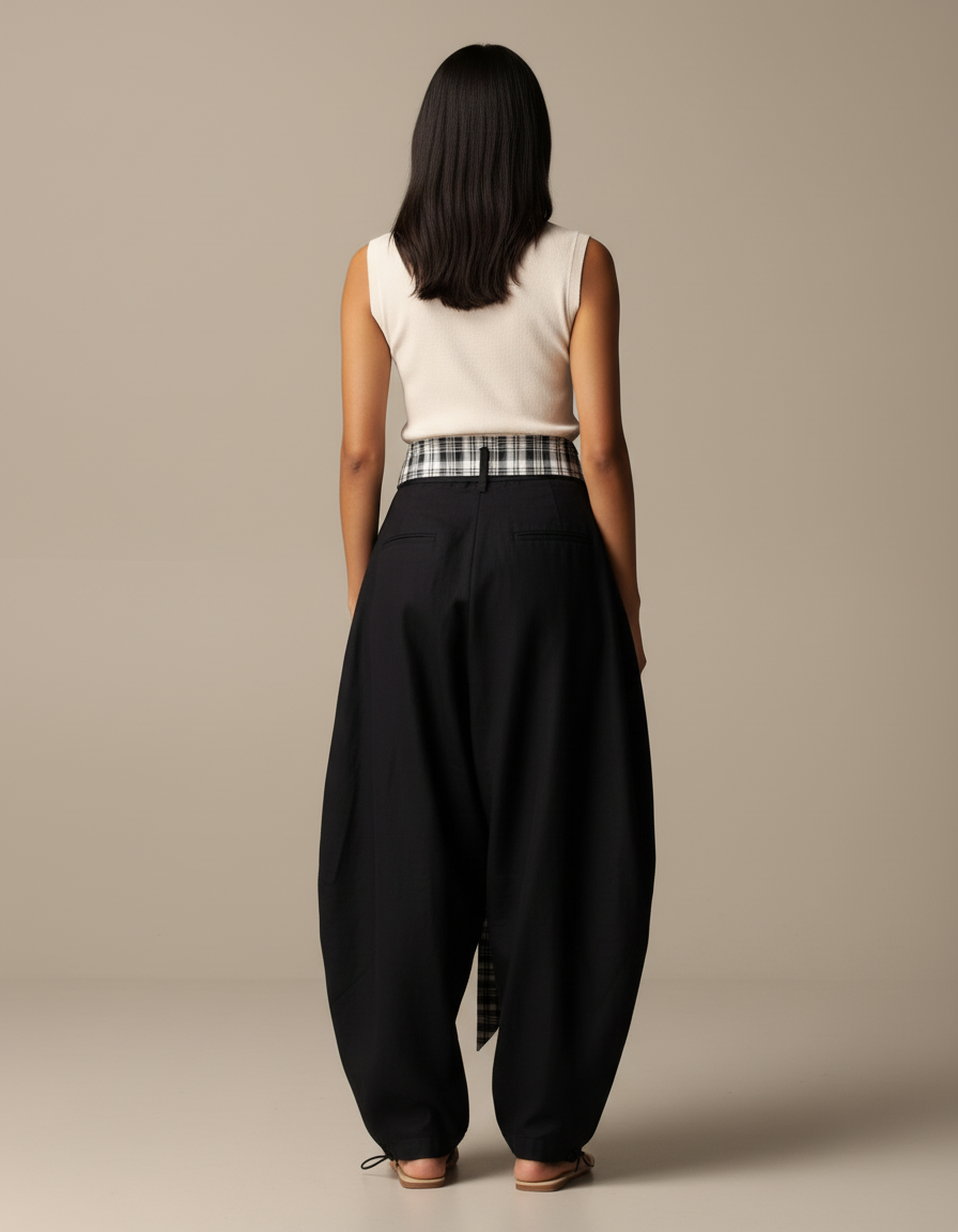 Pantalon Baggy Noir Ample Fluide Plaid Femme - Viscose - vue 2