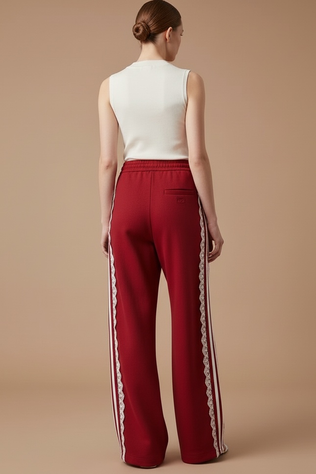 Pantalon Baggy Rouge Rayures Blanches Dentelle Fluide - Molleton - vue 2